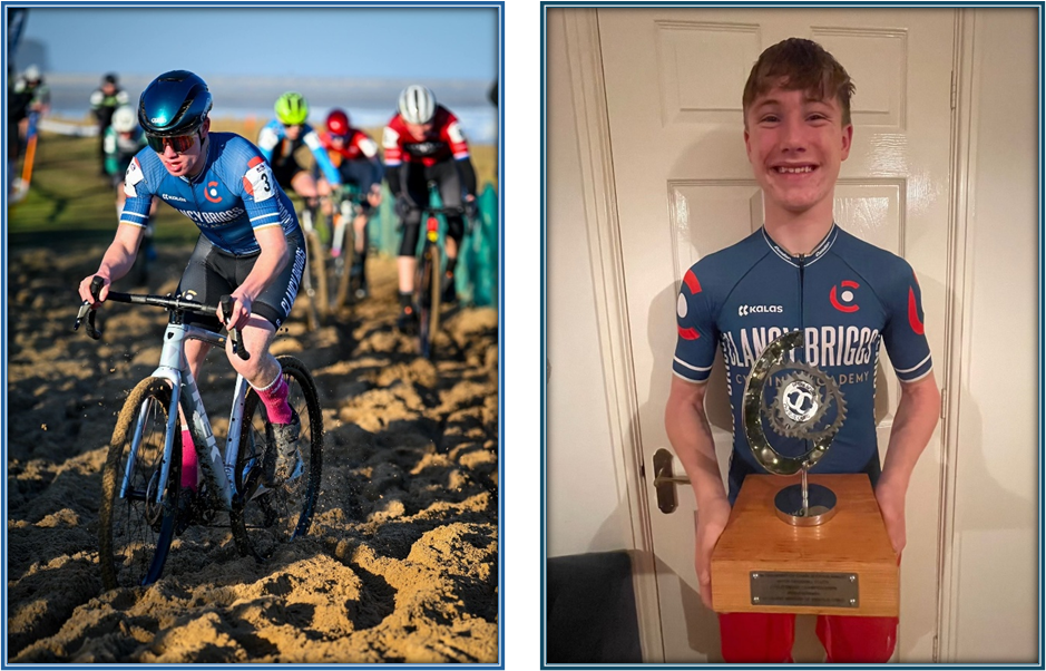 Student cycling and with his trophy