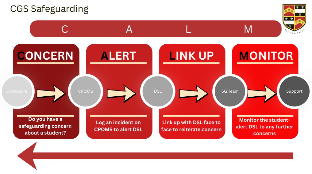 CALM Safeguarding reporting procedure. A graphic outlining the CALM Safeguarding reporting procedure.